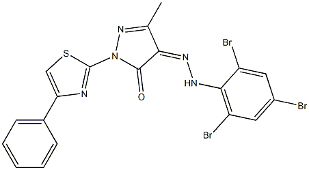 3-methyl-1-(4-phenyl-1,3-thiazol-2-yl)-1H-pyrazole-4,5-dione 4-[N-(2,4,6-tribromophenyl)hydrazone] Struktur