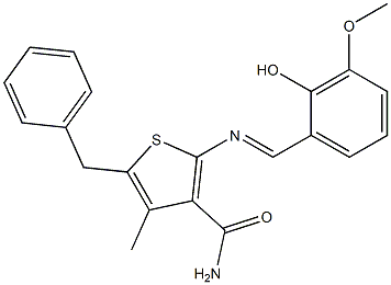 5-benzyl-2-{[(E)-(2-hydroxy-3-methoxyphenyl)methylidene]amino}-4-methyl-3-thiophenecarboxamide Struktur