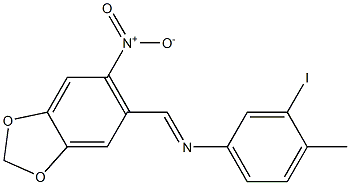 3-iodo-4-methyl-N-[(E)-(6-nitro-1,3-benzodioxol-5-yl)methylidene]aniline Struktur