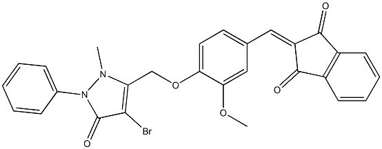 2-({4-[(4-bromo-2-methyl-5-oxo-1-phenyl-2,5-dihydro-1H-pyrazol-3-yl)methoxy]-3-methoxyphenyl}methylene)-1H-indene-1,3(2H)-dione Struktur