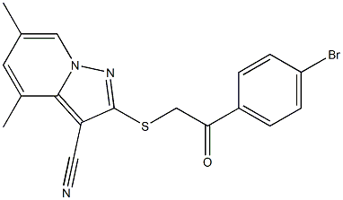 2-[[(4-Bromophenylcarbonyl)methyl]thio]-4,6-dimethyl-pyrazolo[1,5-a]pyridine-3-carbonitrile Struktur