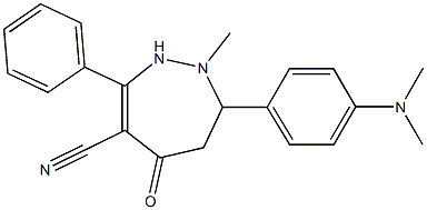 2-Methyl-3-(4-dimethylaminophenyl)-6-cyano-7-phenyl-1,2,3,4-tetrahydro-5H-1,2-diazepin-5-one Struktur