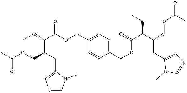 Bis[(2S,3R)-2-ethyl-3-[(1-methyl-1H-imidazol-5-yl)methyl]-4-(acetyloxy)butanoic acid][(1,4-phenylene)dimethylene] ester Struktur