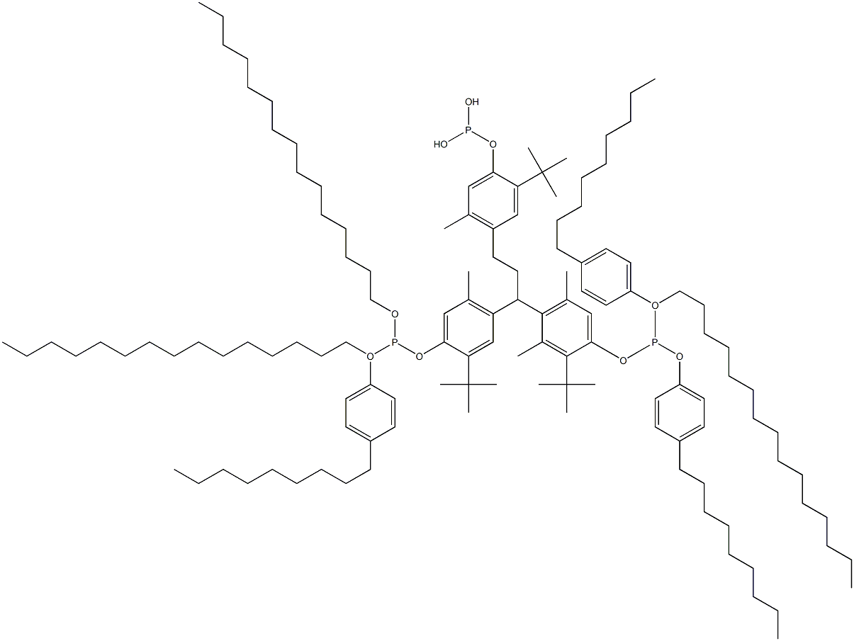 [3-Methyl-1,1,3-propanetriyltris(2-tert-butyl-5-methyl-4,1-phenyleneoxy)]tris(phosphonous acid)O,O',O''-tripentadecyl O,O',O''-tris(4-nonylphenyl) ester Struktur