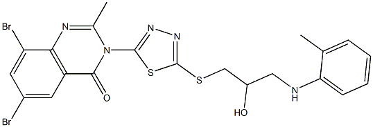 6,8-Dibromo-2-methyl-3-[5-[[3-(2-methylanilino)-2-hydroxypropyl]thio]-1,3,4-thiadiazol-2-yl]quinazolin-4(3H)-one Struktur