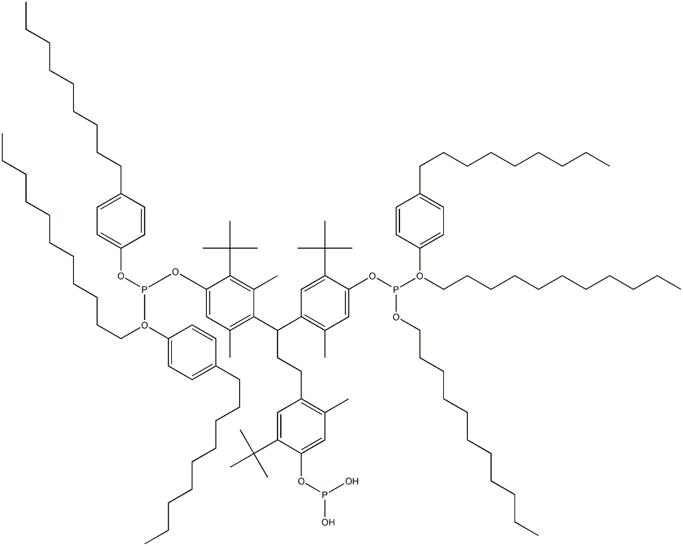 [3-Methyl-1,1,3-propanetriyltris(2-tert-butyl-5-methyl-4,1-phenyleneoxy)]tris(phosphonous acid)O,O',O''-triundecyl O,O',O''-tris(4-nonylphenyl) ester Struktur