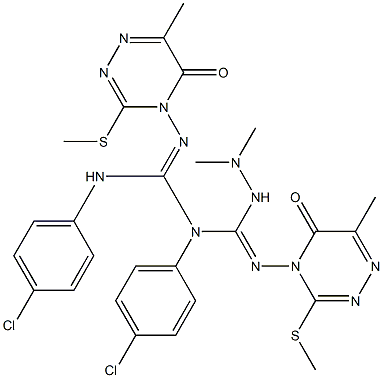 1,3-Bis(4-chlorophenyl)-2-[(4,5-dihydro-6-methyl-3-methylthio-5-oxo-1,2,4-triazin)-4-yl]-1-[(2,2-dimethylhydrazino)[(4,5-dihydro-6-methyl-3-methylthio-5-oxo-1,2,4-triazin)-4-ylimino]methyl]guanidine Struktur