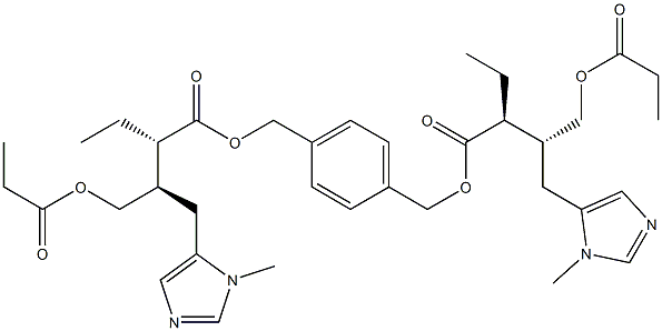 Bis[(2S,3R)-2-ethyl-3-[(1-methyl-1H-imidazol-5-yl)methyl]-4-(propanoyloxy)butanoic acid][(1,4-phenylene)dimethylene] ester Struktur