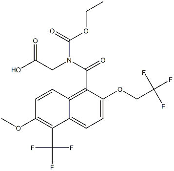 2-[N-Ethoxycarbonyl-N-[[2-(2,2,2-trifluoroethoxy)-6-methoxy-5-trifluoromethyl-1-naphthalenyl]carbonyl]amino]acetic acid Struktur