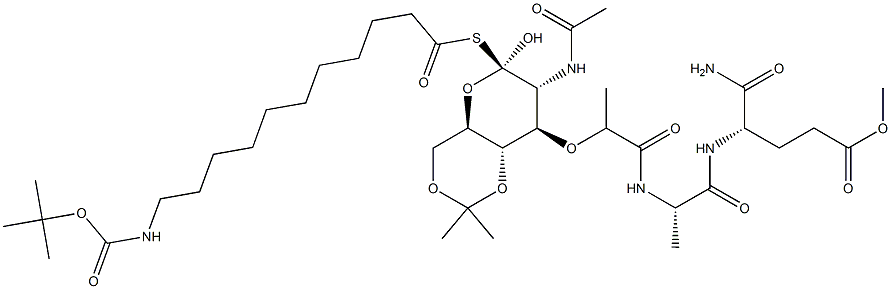 (4S)-4-[[N-[N-Acetyl-1-[[11-[[(tert-butoxy)carbonyl]amino]undecanoyl]thio]-4-O,6-O-isopropylidenemuramoyl]-L-alanyl]amino]-5-amino-5-oxopentanoic acid methyl ester Struktur