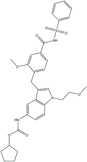 4-[5-(Cyclopentyloxycarbonylamino)-1-(2-methoxyethyl)-1H-indol-3-ylmethyl]-3-methoxy-N-(phenylsulfonyl)benzamide Struktur