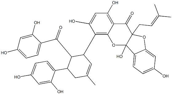 4-[6-(2,4-Dihydroxybenzoyl)-5-(2,4-dihydroxyphenyl)-3-methyl-2-cyclohexenyl]-5a,10a-dihydro-1,3,5a,8-tetrahydroxy-10a-(3-methyl-2-butenyl)-11H-benzofuro[3,2-b][1]benzopyran-11-one Struktur