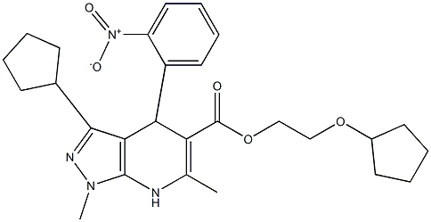 3-Cyclopentyl-1,6-dimethyl-4-(2-nitrophenyl)-4,7-dihydro-1H-pyrazolo[3,4-b]pyridine-5-carboxylic acid 2-cyclopentyloxyethyl ester Struktur