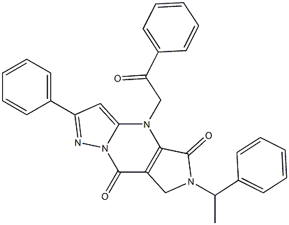 6,7-Dihydro-6-(1-phenylethyl)-4-(2-oxo-2-phenylethyl)-2-phenyl-4H-1,4,6,8a-tetraaza-s-indacene-5,8-dione Struktur