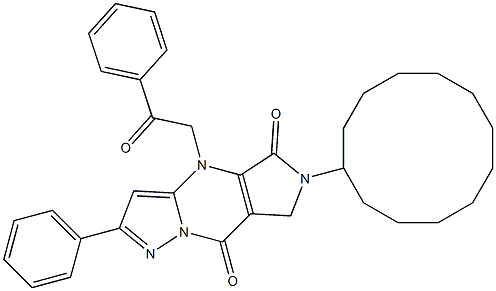 6,7-Dihydro-6-cyclododecyl-4-(2-oxo-2-phenylethyl)-2-phenyl-4H-1,4,6,8a-tetraaza-s-indacene-5,8-dione Struktur