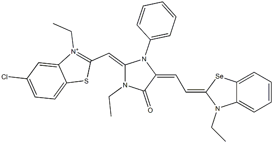 5-Chloro-3-ethyl-2-[[1-ethyl-4-[2-(3-ethylbenzoselenazol-2(3H)-ylidene)ethylidene]-5-oxo-3-phenylimidazolidin-2-ylidene]methyl]benzothiazol-3-ium Struktur