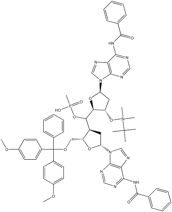 Methylphosphonic acid [5'-O-(4,4'-dimethoxytrityl)-N-benzoyl-2'-deoxy-3'-adenosyl][3'-O-(tert-butyldimethylsilyl)-N-benzoyl-2'-deoxy-5'-adenosyl] ester Struktur