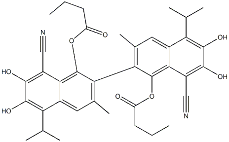 1,1'-Bis(butyryloxy)-6,6',7,7'-tetrahydroxy-5,5'-diisopropyl-3,3'-dimethyl-2,2'-binaphthalene-8,8'-dicarbonitrile Struktur