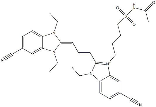 3-[4-[(Acetylamino)sulfonyl]butyl]-5-cyano-2-[3-[(5-cyano-1,3-diethyl-1,3-dihydro-2H-benzimidazol)-2-ylidene]-1-propenyl]-1-ethyl-1H-benzimidazol-3-ium Struktur