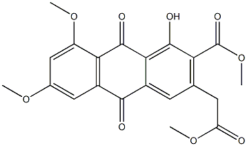 6,8-Dimethoxy-1-hydroxy-2-(methoxycarbonyl)-3-[(methoxycarbonyl)methyl]-9,10-anthraquinone Struktur