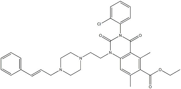 1,2,3,4-Tetrahydro-3-(2-chlorophenyl)-1-[2-[4-(3-phenyl-2-propenyl)-1-piperazinyl]ethyl]-5,7-dimethyl-2,4-dioxoquinazoline-6-carboxylic acid ethyl ester Struktur