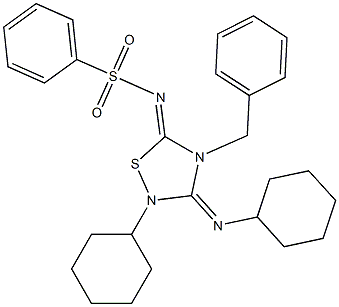 2-Cyclohexyl-3-cyclohexylimino-4-benzyl-5-phenylsulfonylimino-1,2,4-thiadiazolidine Struktur