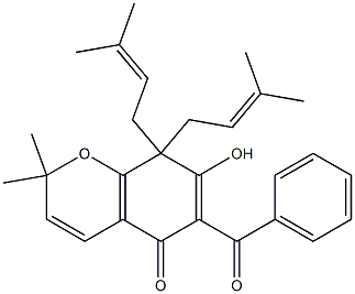 2,2-Dimethyl-8,8-bis(3-methyl-2-butenyl)-6-benzoyl-2,8-dihydro-7-hydroxy-5H-1-benzopyran-5-one Struktur