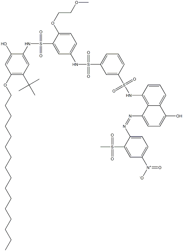 N-[3-[(5-tert-Butyl-4-hexadecyloxy-2-hydroxyphenyl)aminosulfonyl]-4-(2-methoxyethoxy)phenyl]-N'-[5-hydroxy-8-(2-methylsulfonyl-4-nitrophenylazo)-1-naphtyl]-1,3-benzenedisulfonamide Struktur