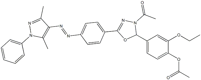 4-Acetyl-5-(4-acetoxy-3-ethoxyphenyl)-4,5-dihydro-2-[4-[(3,5-dimethyl-1-phenyl-1H-pyrazol-4-yl)azo]phenyl]-1,3,4-oxadiazole Struktur