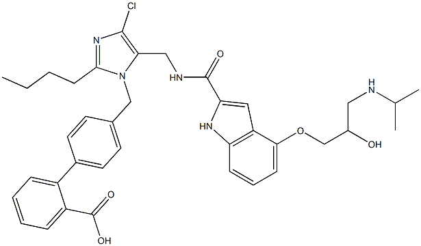 4'-[[2-Butyl-4-chloro-5-[[[4-[2-hydroxy-3-(isopropylamino)propyloxy]-1H-indol-2-yl]carbonylamino]methyl]-1H-imidazol-1-yl]methyl]-1,1'-biphenyl-2-carboxylic acid Struktur