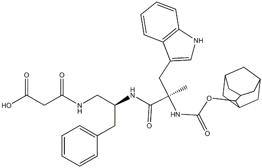 3-[[(2S)-2-[[(2R)-2-(Adamantan-2-yloxycarbonylamino)-3-(1H-indol-3-yl)-2-methylpropanoyl]amino]-3-phenylpropyl]amino]-3-oxopropionic acid Struktur