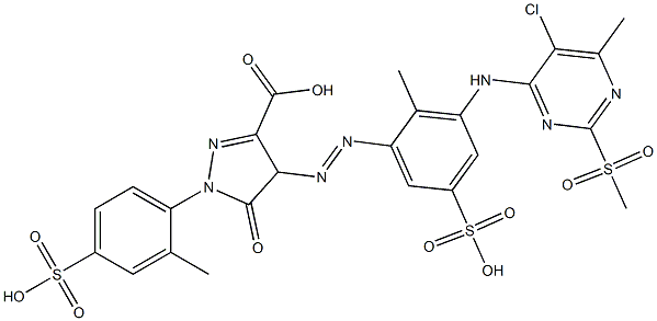 4-[[3-[[5-Chloro-6-methyl-2-(methylsulfonyl)-4-pyrimidinyl]amino]-2-methyl-5-sulfophenyl]azo]-4,5-dihydro-1-(2-methyl-4-sulfophenyl)-5-oxo-1H-pyrazole-3-carboxylic acid Struktur