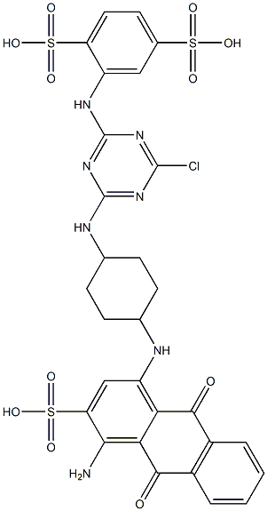 2-[[4-[[4-[[(4-Amino-9,10-dihydro-9,10-dioxo-3-sulfoanthracen)-1-yl]amino]cyclohexyl]amino]-6-chloro-1,3,5-triazin-2-yl]amino]-1,4-benzenedisulfonic acid Struktur