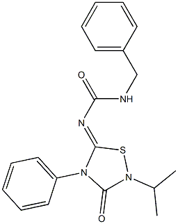 2-Isopropyl-4-phenyl-5-[(benzylcarbamoyl)imino]-1,2,4-thiadiazolidin-3-one Struktur