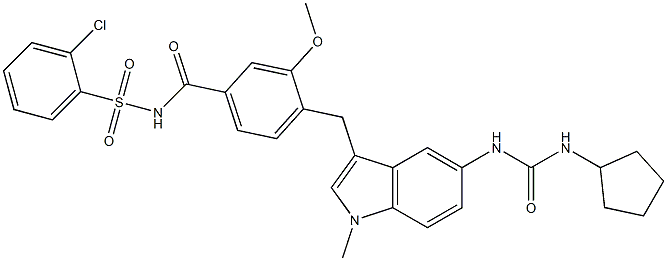 4-[5-(3-Cyclopentylureido)-1-methyl-1H-indol-3-ylmethyl]-3-methoxy-N-(2-chlorophenylsulfonyl)benzamide Struktur