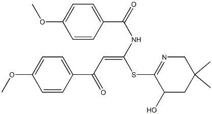 N-(2-aza-1-(6-hydroxy-4,4-dimethyl-2-oxocyclohex-1-enylthio)-3-(4-methoxyphenyl)-3-oxoprop-1-enyl)(4-methoxyphenyl)formamide Struktur