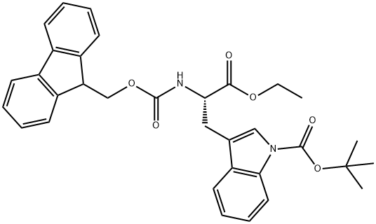 tert-butyl 3-[(2R)-3-ethoxy-2-({[(9H-fluoren-9-yl)methoxy]carbonyl}amino)-3-oxopropyl]-1H-indole-1-carboxylate Struktur