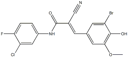 N1-(3-chloro-4-fluorophenyl)-3-(3-bromo-4-hydroxy-5-methoxyphenyl)-2-cyanoacrylamide Struktur