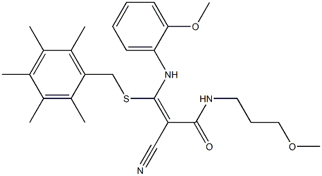 N1-(3-methoxypropyl)-2-cyano-3-(2-methoxyanilino)-3-[(2,3,4,5,6-pentamethyl benzyl)thio]acrylamide Struktur