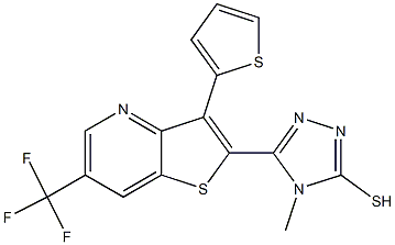 4-methyl-5-[3-(2-thienyl)-6-(trifluoromethyl)thieno[3,2-b]pyridin-2-yl]-4H-1,2,4-triazol-3-ylhydrosulfide Struktur