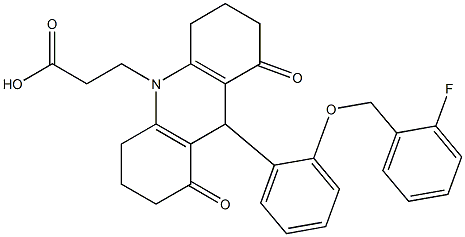 3-(9-{2-[(2-fluorobenzyl)oxy]phenyl}-1,8-dioxo-2,3,4,5,6,7,8,9-octahydro-10(1H)-acridinyl)propanoic acid Struktur