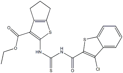 ethyl 2-[({[(3-chloro-1-benzothiophen-2-yl)carbonyl]amino}carbothioyl)amino]-5,6-dihydro-4H-cyclopenta[b]thiophene-3-carboxylate Struktur