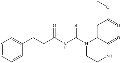 methyl 2-(3-oxo-1-{[(3-phenylpropanoyl)amino]carbothioyl}-2-piperazinyl)acetate Struktur