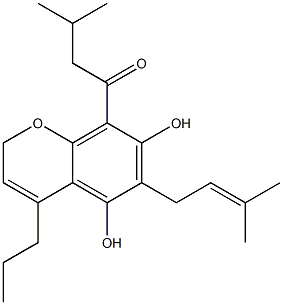 5,7-Dihydroxy-6-(3-methyl-2-butenyl)-8-(3-methyl-1-oxobutyl)-4-propyl-2H-1-benzopyran Struktur