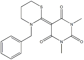 1,3-Dimethyl-5-[(tetrahydro-3-benzyl-2H-1,3-thiazin)-2-ylidene]pyrimidine-2,4,6(1H,3H,5H)-trione Struktur