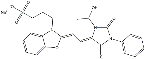 1-(1-Hydroxyethyl)-3-phenyl-5-[2-[2,3-dihydro-3-(3-sulfopropyl)benzoxazol-2-ylidene]ethylidene]-4-thioxoimidazolidin-2-one sodium salt Struktur