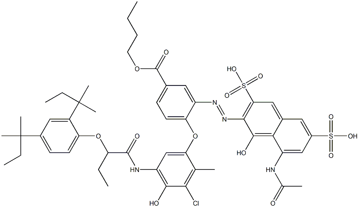 3-[[8-(Acetylamino)-1-hydroxy-3,6-disulfo-2-naphthalenyl]azo]-4-[5-[[2-[2,4-bis(1,1-dimethylpropyl)phenoxy]-1-oxobutyl]amino]-3-chloro-4-hydroxy-2-methylphenoxy]benzoic acid 1-butyl ester Struktur