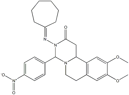 3-(Cycloheptylideneamino)-4-(4-nitrophenyl)-9,10-dimethoxy-1,3,4,6,7,11b-hexahydro-2H-pyrimido[6,1-a]isoquinolin-2-one Struktur