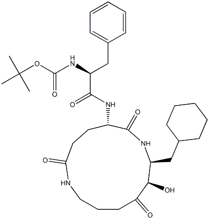 (5S,8S,9R)-5-[(S)-2-(tert-Butyloxycarbonylamino)-3-phenylpropanoylamino]-8-cyclohexylmethyl-9-hydroxy-1,7-diazacyclotridecane-2,6,10-trione Struktur