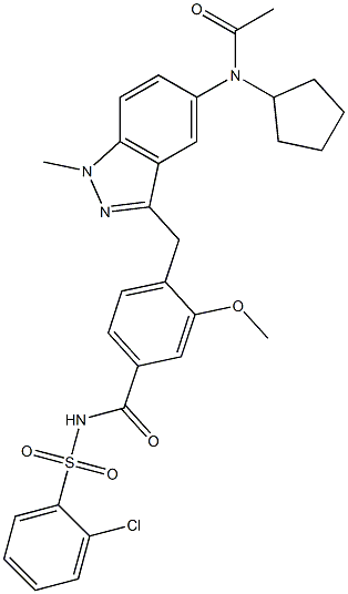 4-[5-(Cyclopentylacetylamino)-1-methyl-1H-indazol-3-ylmethyl]-3-methoxy-N-(2-chlorophenylsulfonyl)benzamide Struktur